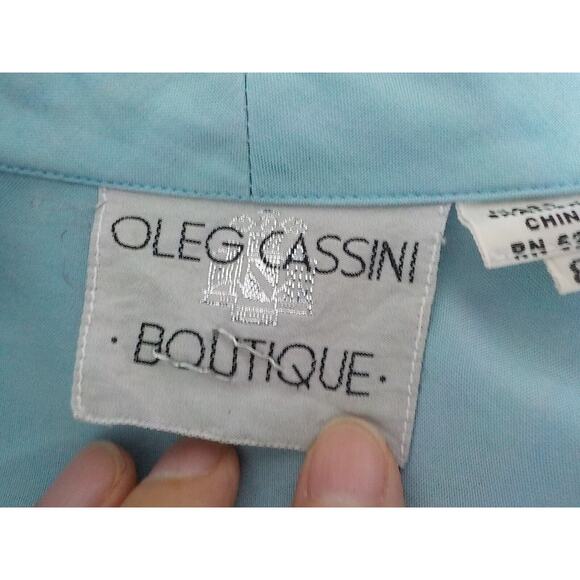 VTG 100% Silk Oleg Cassini Blue Teal Midi Dress Women 8 Faux Wrap Utility 90s - Picture 8 of 11